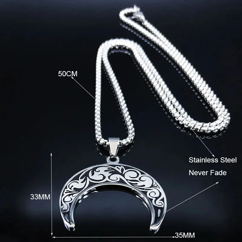 Fashion Flower of Life Moon Stainless Steel Necklace for Women Silver Color Necklaces