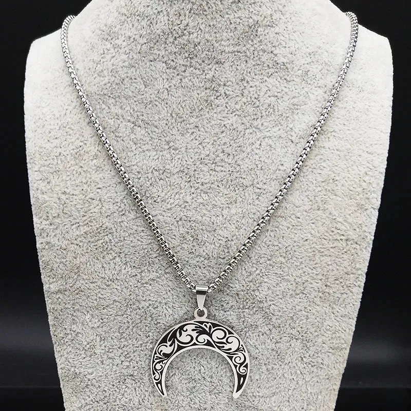 Fashion Flower of Life Moon Stainless Steel Necklace for Women Silver Color Necklaces