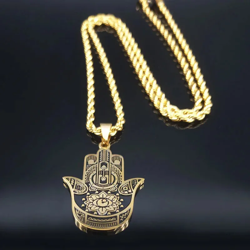 Fashion Hamsa Hand Stainless Steel Chain Necklace for Men Gold Color Necklaces