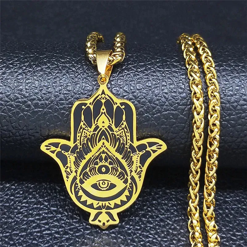 Fashion Hamsa Hand Stainless Steel Chain Necklace for Men Gold Color Necklaces