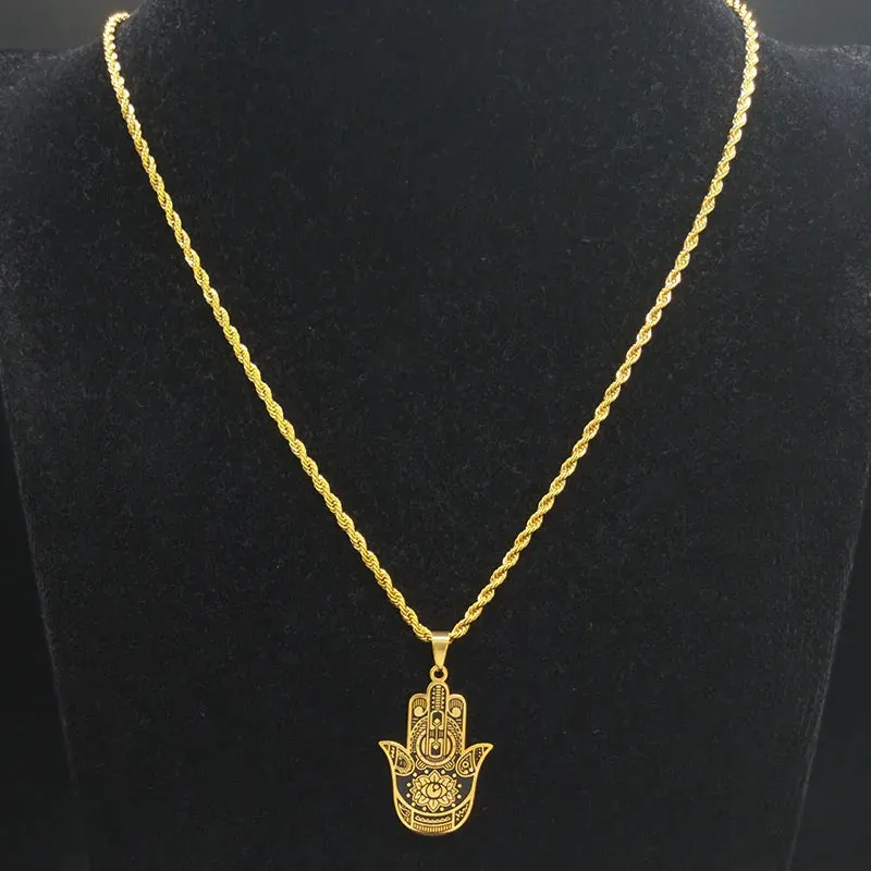 Fashion Hamsa Hand Stainless Steel Chain Necklace for Men Gold Color Necklaces