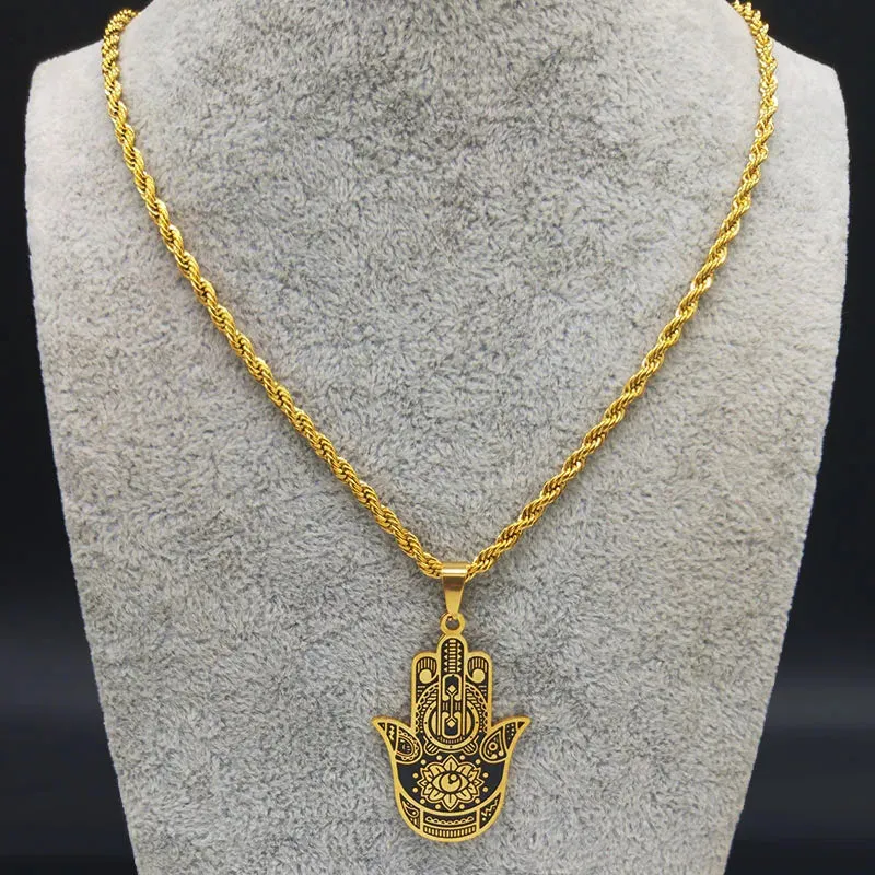 Fashion Hamsa Hand Stainless Steel Chain Necklace for Men Gold Color Necklaces