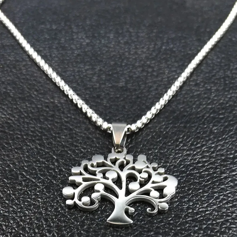 Fashion Tree of Life Necklaces Women Silver Color Stainless Steel Note Necklaces