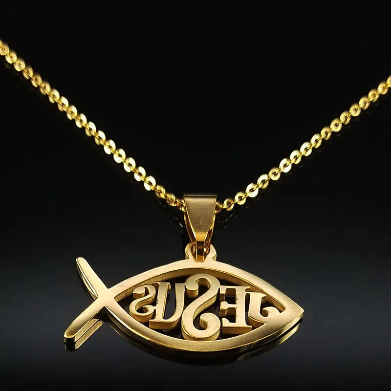 Fish Jesus Stainless Steel Necklace Christian Ichthys Necklaces Pendants