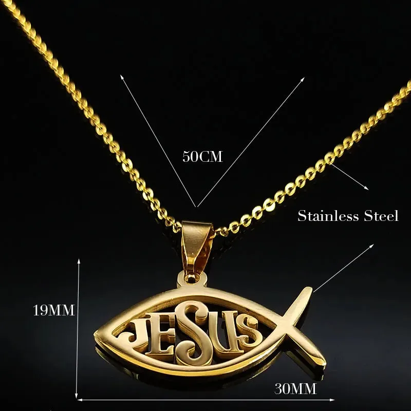 Fish Jesus Stainless Steel Necklace Christian Ichthys Necklaces Pendants