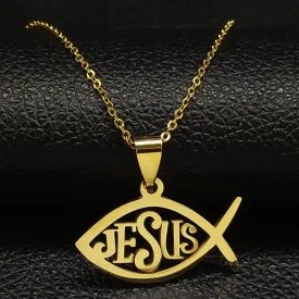 Fish Jesus Stainless Steel Necklace Christian Ichthys Necklaces Pendants