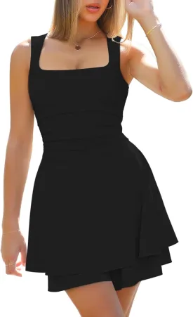 Fixmatti Women's Romper Square Neck Ruched Waist Ruffle Hem Mini Shorts Jumpsuit Outfits