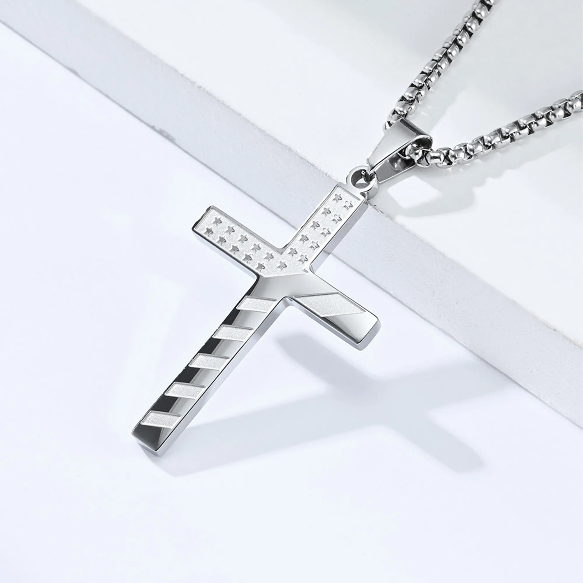 Flag Cross with 24 in Stainless Steel Chain – Silver Color