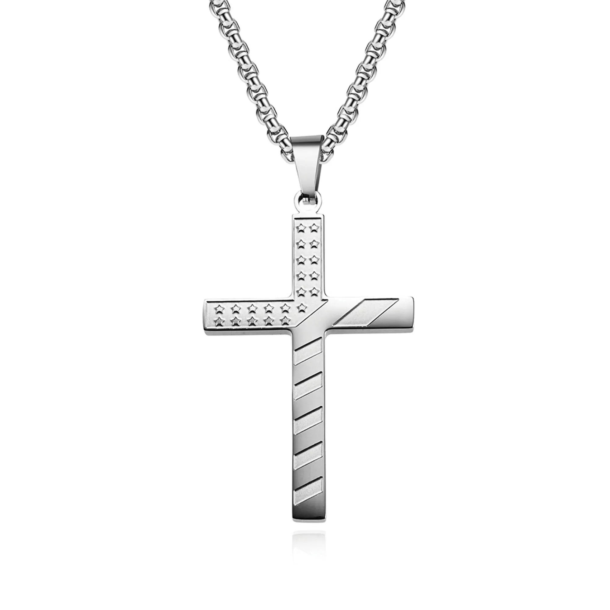 Flag Cross with 24 in Stainless Steel Chain – Silver Color