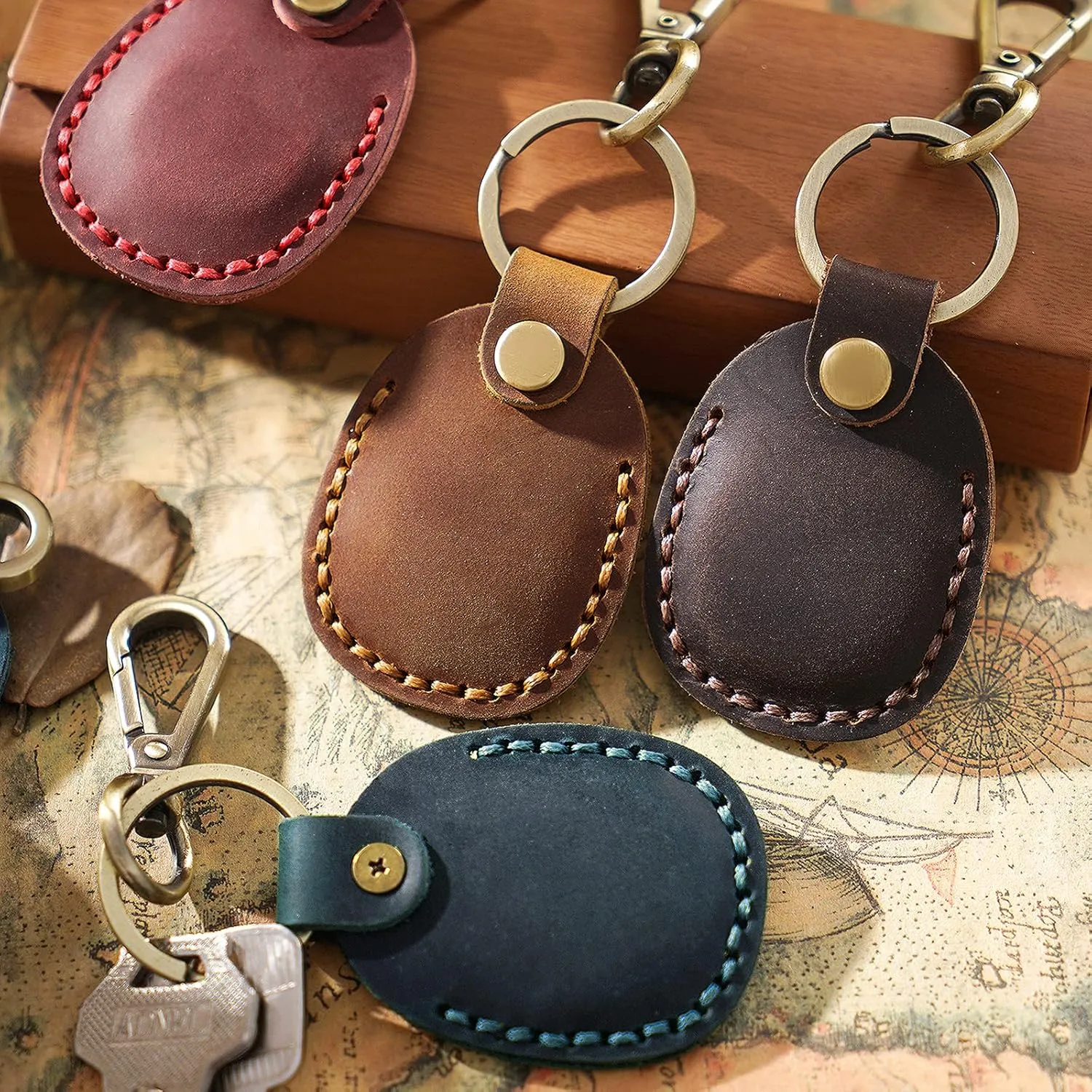 Genuine Leather Airtag Holder, Portable Handcraft Leather Air Tag Keychain with Keyring and Screwdriver, Full Coverage Air Tag Protective Case Cover Accessories - Brown