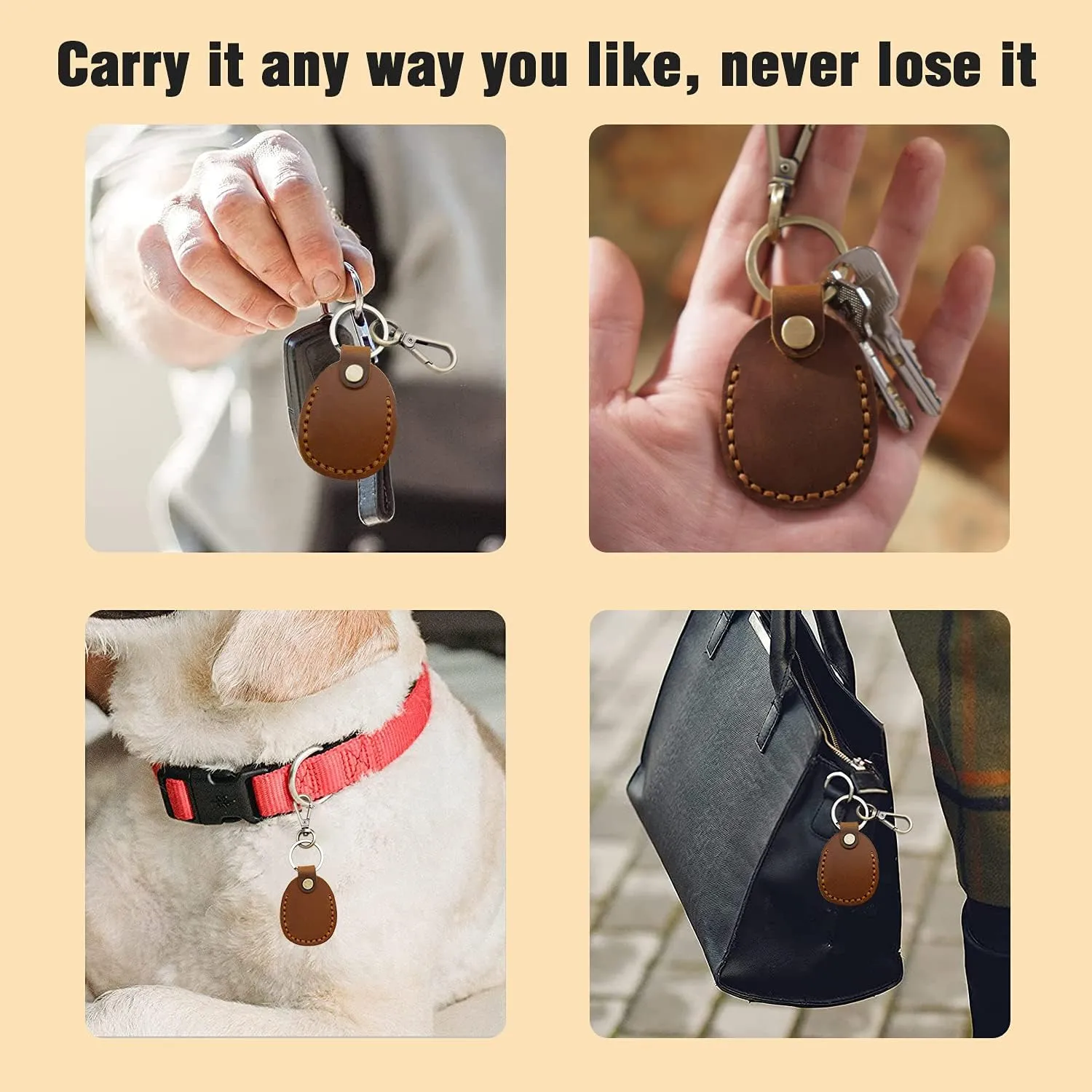 Genuine Leather Airtag Holder, Portable Handcraft Leather Air Tag Keychain with Keyring and Screwdriver, Full Coverage Air Tag Protective Case Cover Accessories - Brown