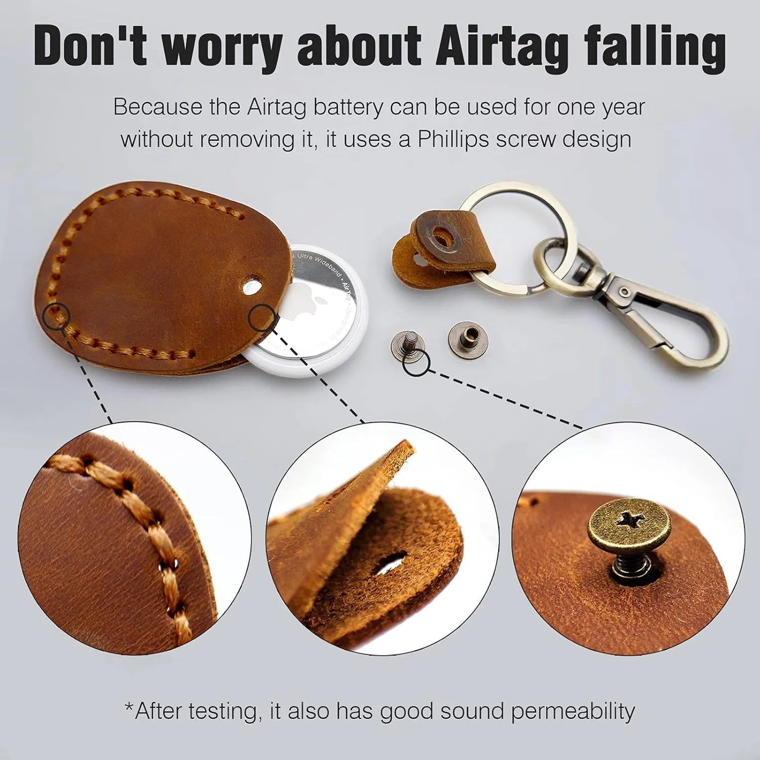 Genuine Leather Airtag Holder, Portable Handcraft Leather Air Tag Keychain with Keyring and Screwdriver, Full Coverage Air Tag Protective Case Cover Accessories - Brown
