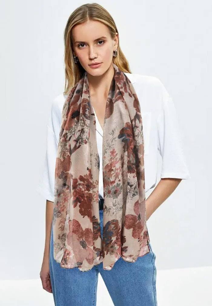 GERINLY Lightweight Scarves Fashion Flowers Print Women Cotton Wrap Scarf Head Shawl Summer Gift