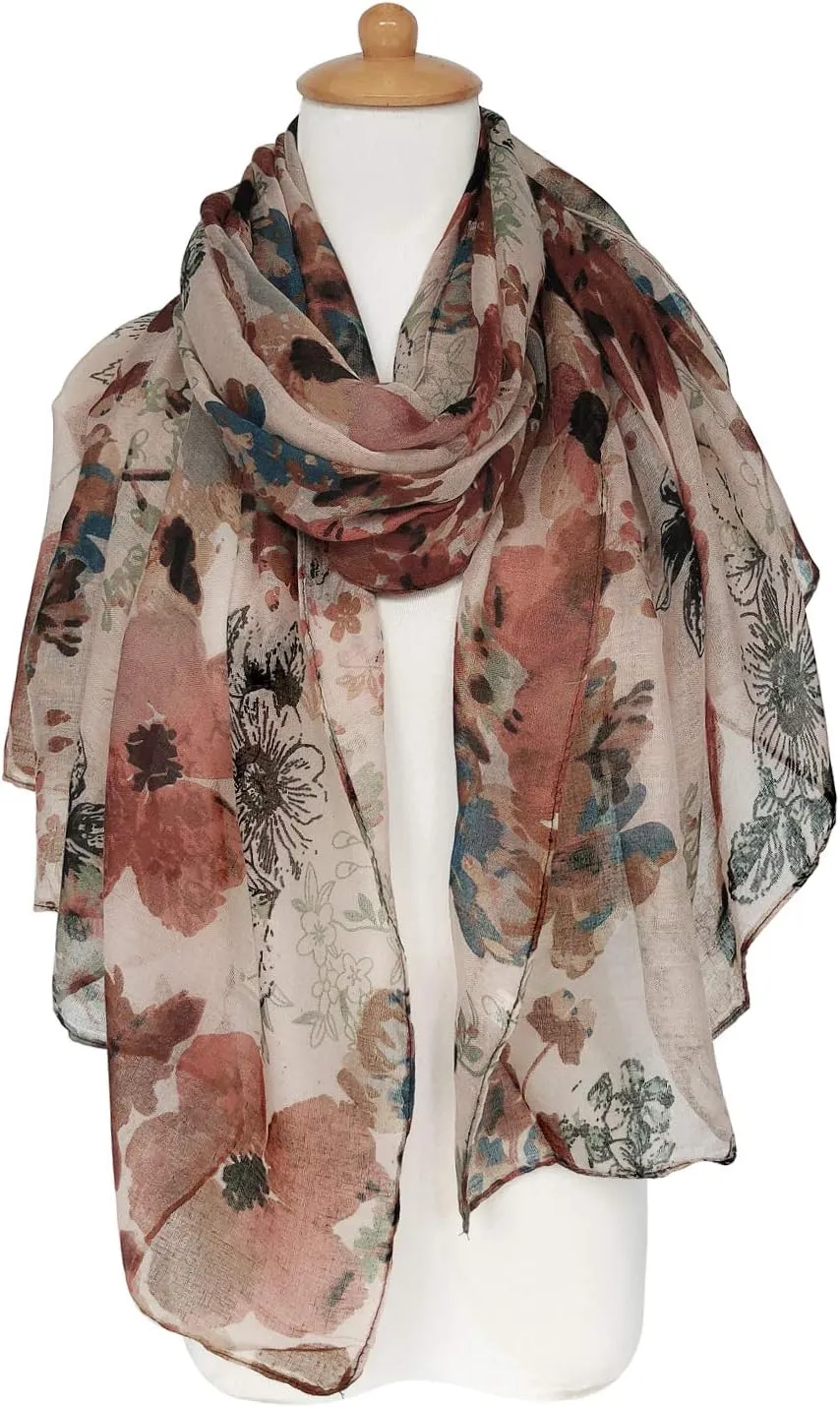 GERINLY Lightweight Scarves Fashion Flowers Print Women Cotton Wrap Scarf Head Shawl Summer Gift