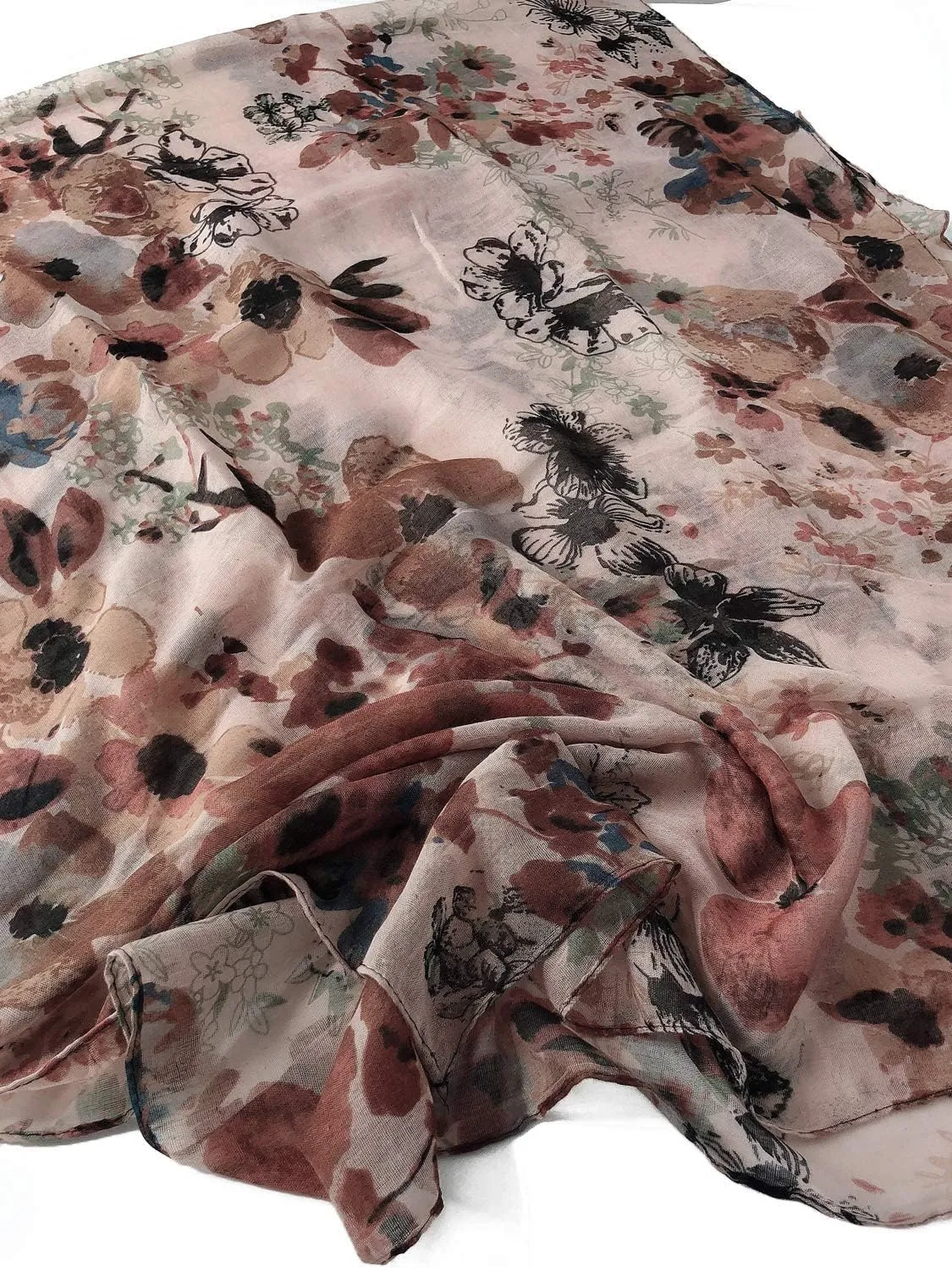 GERINLY Lightweight Scarves Fashion Flowers Print Women Cotton Wrap Scarf Head Shawl Summer Gift