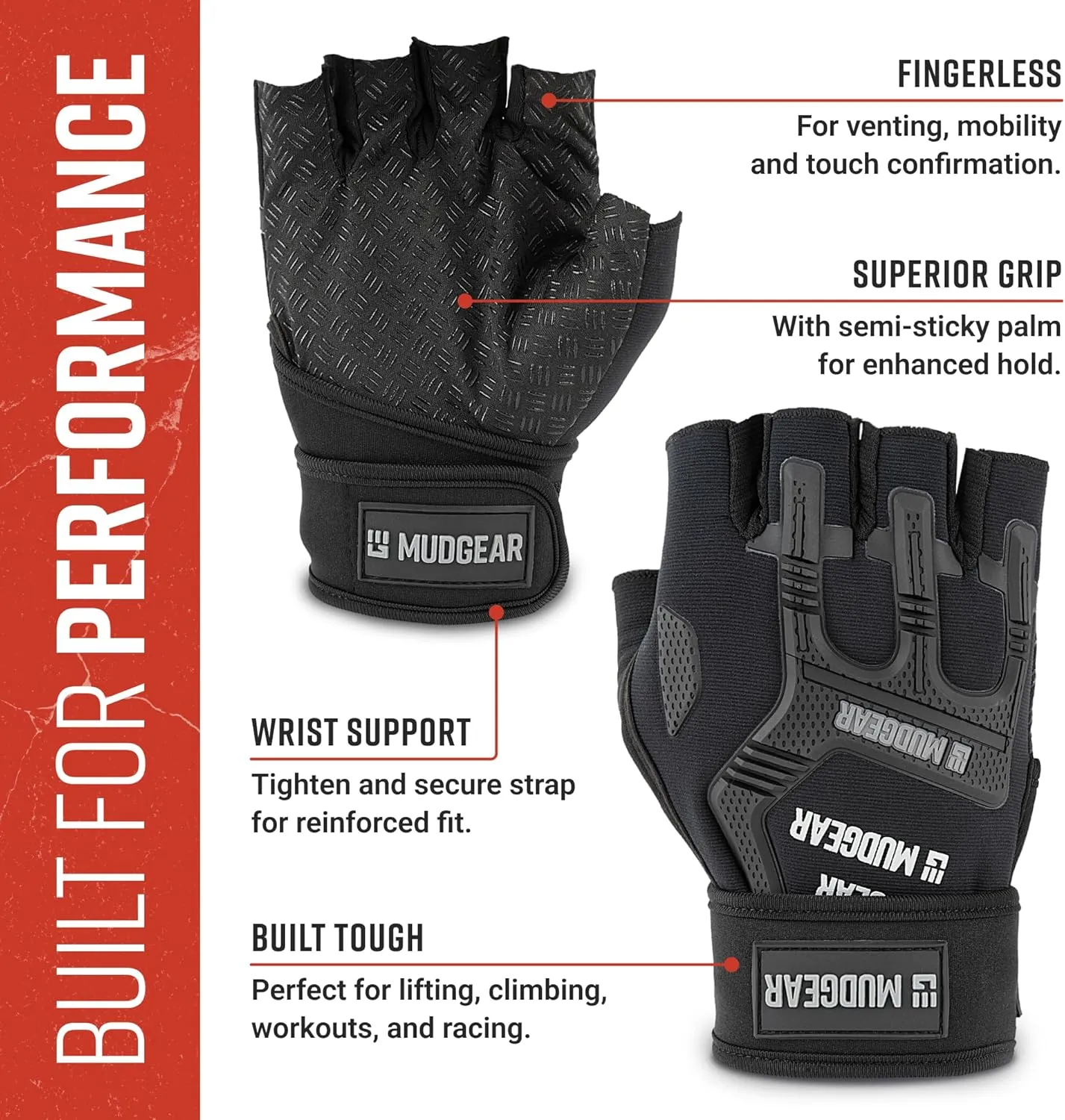 Gloves - Durable Fingerless Workout Gloves with Wrist Support for Obstacle Races and Fitness Training, Improves Grip, Protects Hands, Boosts Performance
