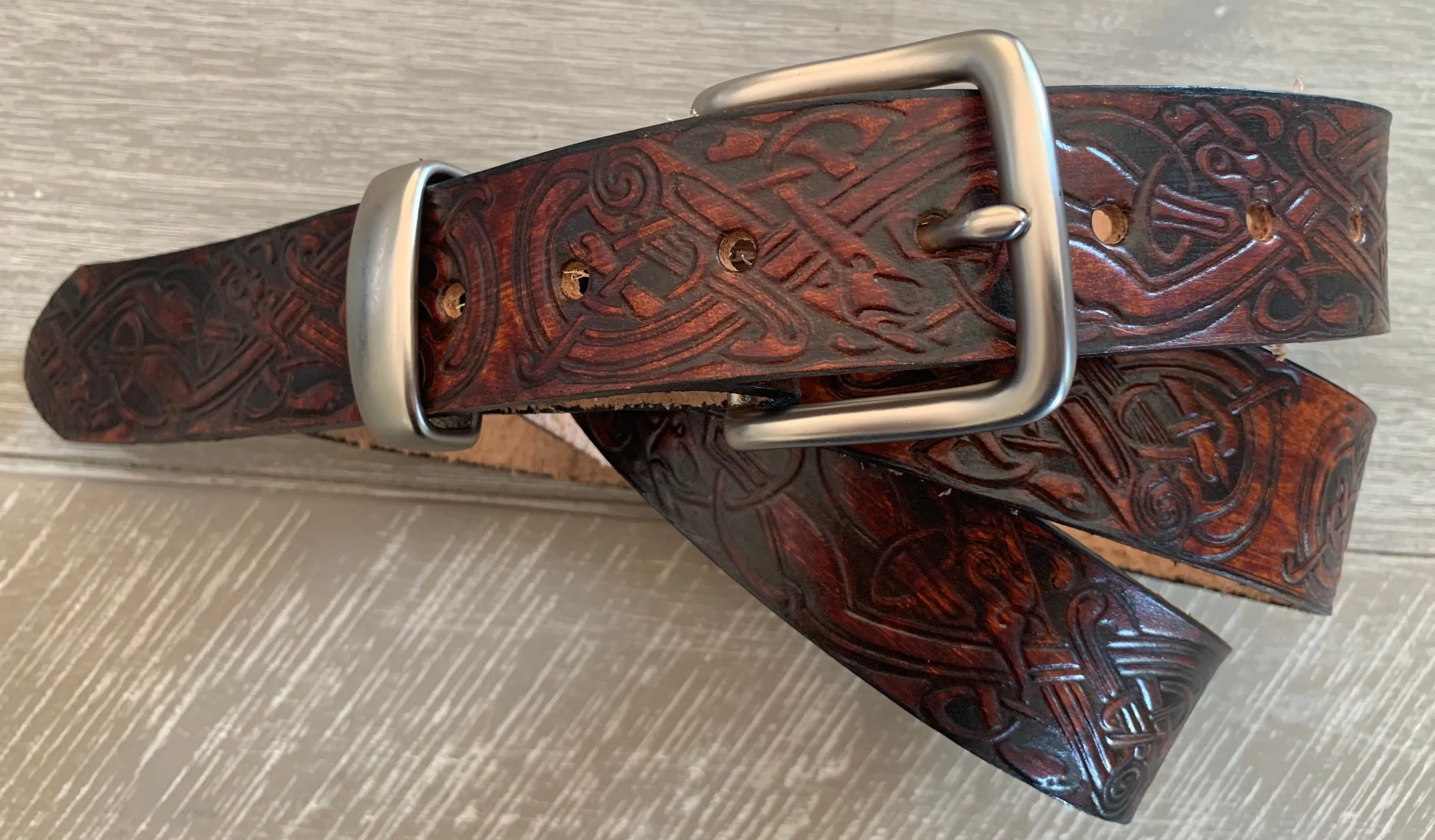 Handmade Leather Belt Full Grain - Hand Dyed brown, Individually Embossed with Celtic design & removable buckle 1.5"/38mm
