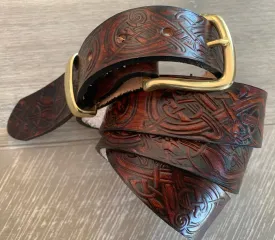 Handmade Leather Belt Full Grain - Hand Dyed brown, Individually Embossed with Celtic design & removable buckle 1.5"/38mm
