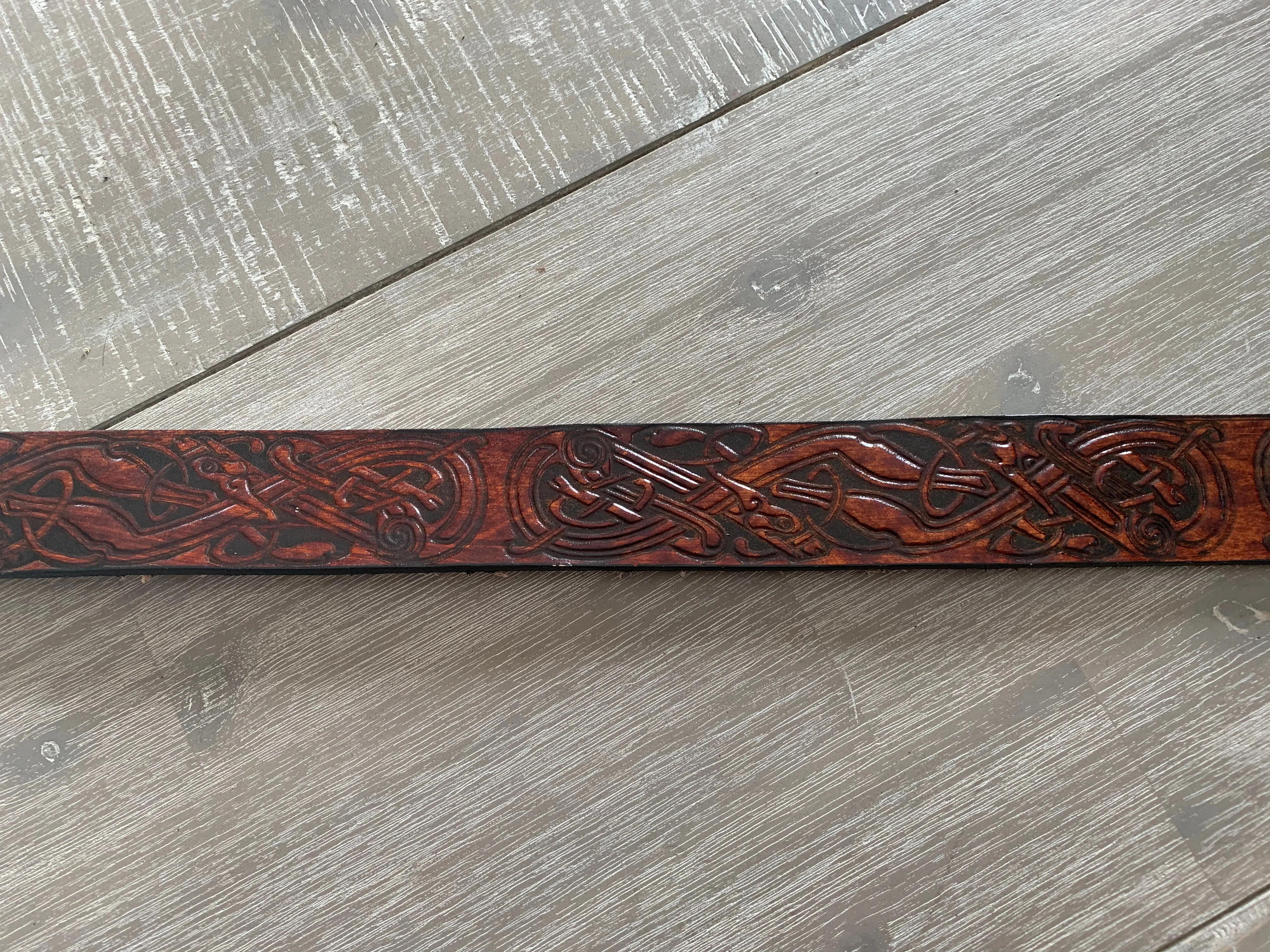 Handmade Leather Belt Full Grain - Hand Dyed brown, Individually Embossed with Celtic design & removable buckle 1.5"/38mm
