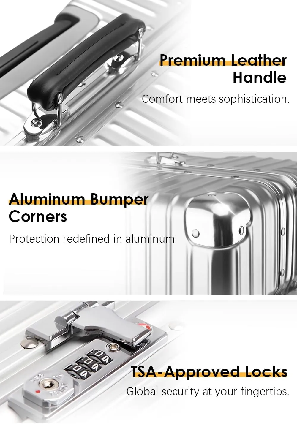 HotWay 20 Inch All Aluminum Carry On Luggage with Leather Handle, Hard Shell Zipperless Suitcase with TSA Locks and Spinner Wheels, Silver Travel Luggage (22x14x9 Airline Approved)