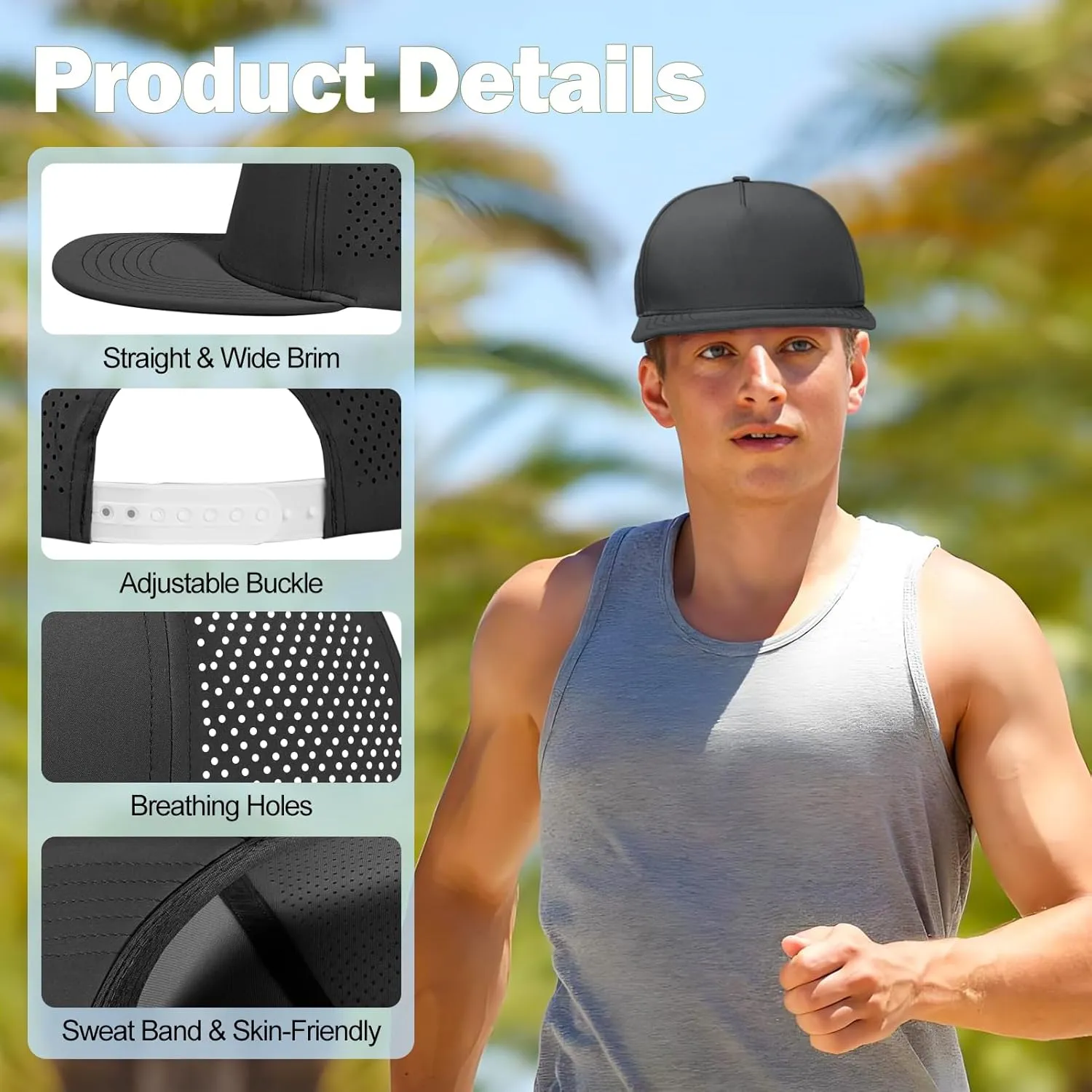 LiuSuper M/L/XL/XXL Flat Brim 5 Panel Hats for Men Performance Mens Snapback Hats Quick Dry Laser Perforated Baseball Cap