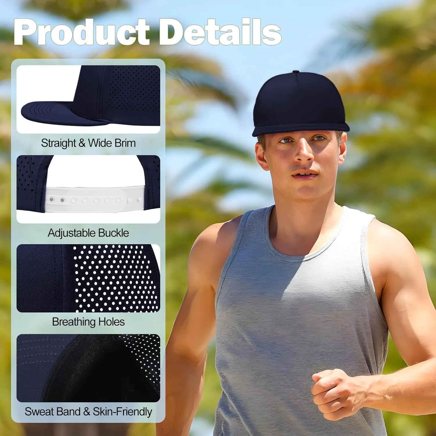 LiuSuper M/L/XL/XXL Flat Brim 5 Panel Hats for Men Performance Mens Snapback Hats Quick Dry Laser Perforated Baseball Cap