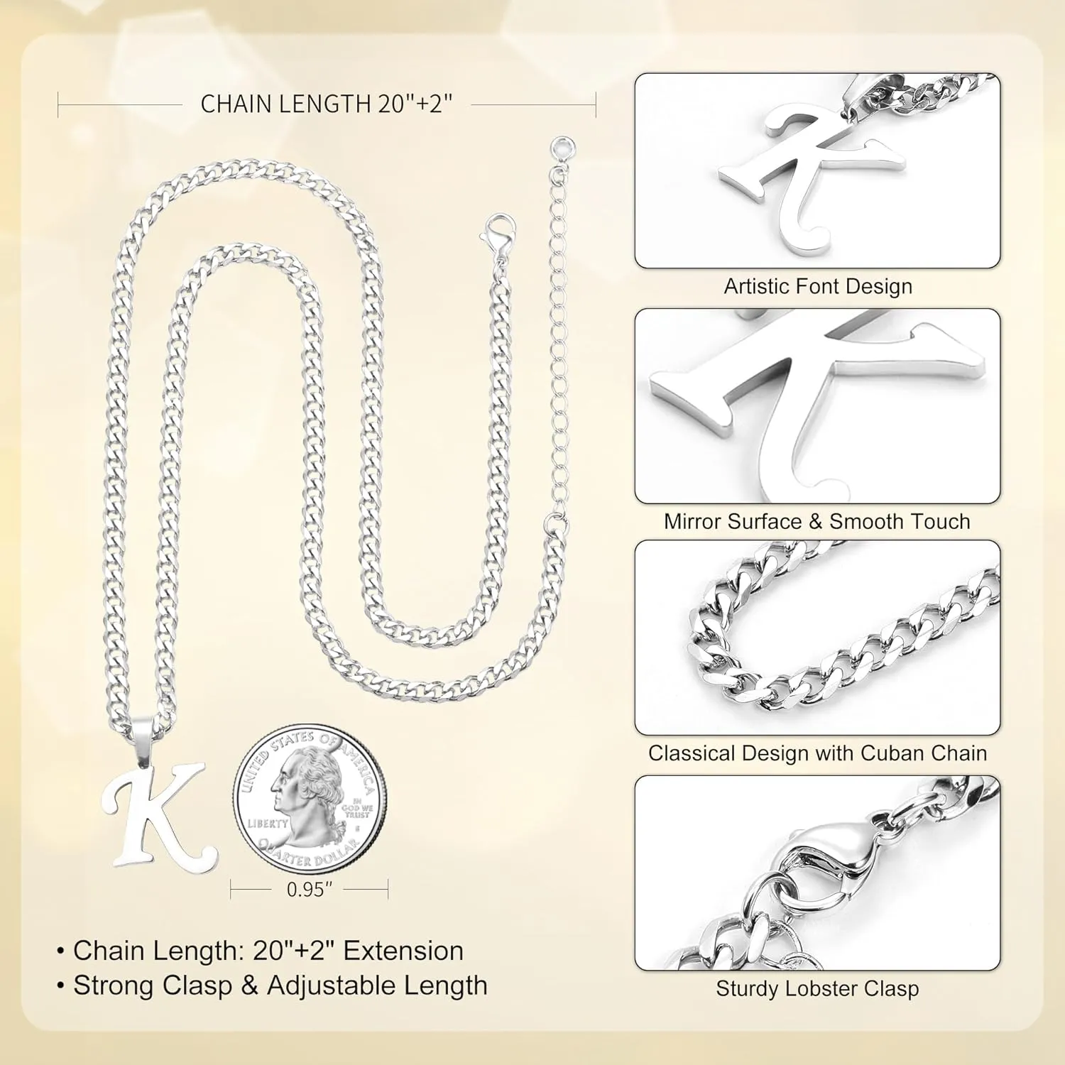 LUXEJEW Initial A-Z Letter Necklace for Men Boys Women, Stainless Steel Cuban Link Chain Letter Pendant Necklaces Capital Monogram Necklace Jewelry Gifts for Men 20 2 Inches