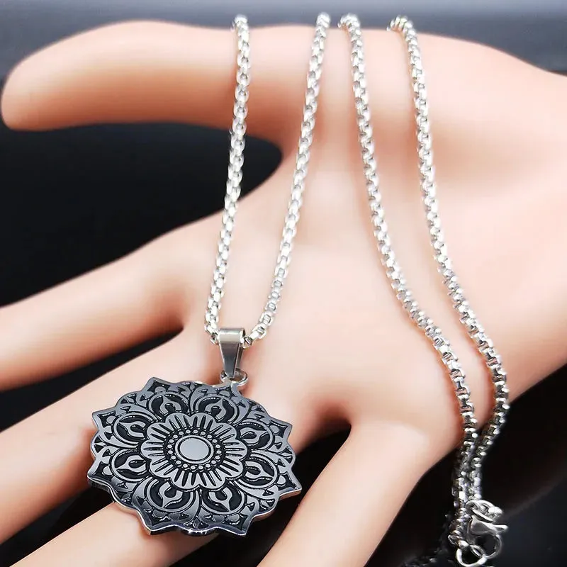 Mandala Lotus Flower Stainless Steel Chain Necklace for Women Silver Color Necklaces