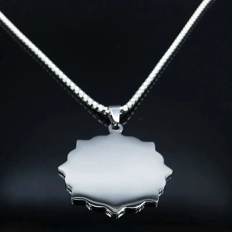 Mandala Lotus Flower Stainless Steel Chain Necklace for Women Silver Color Necklaces