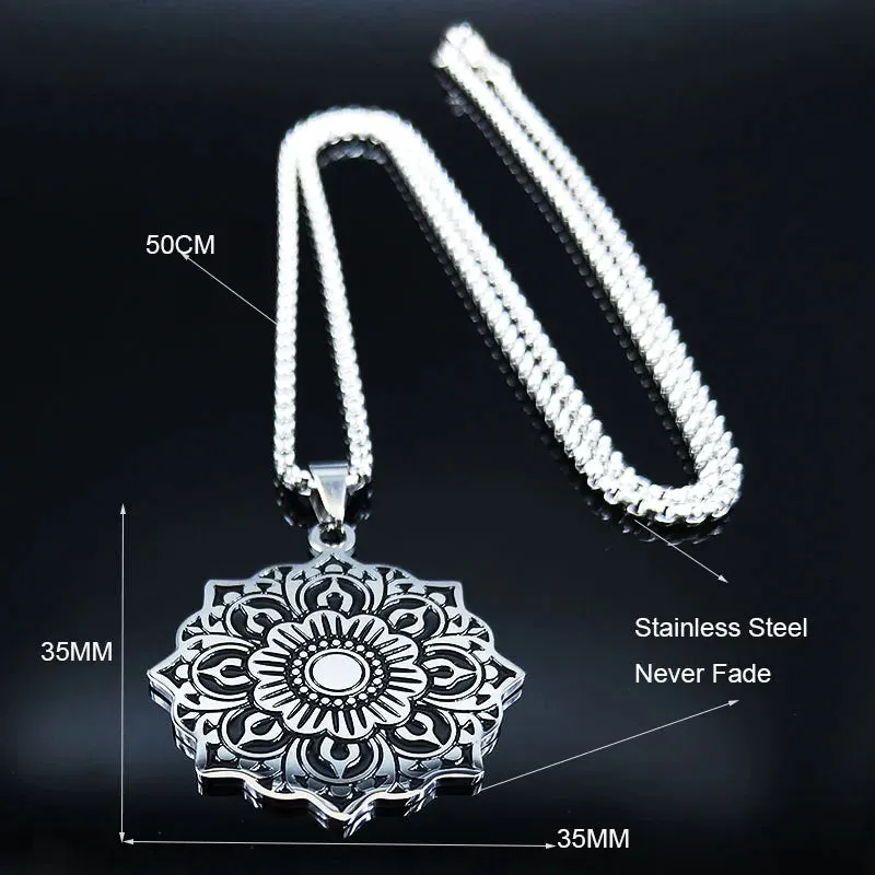 Mandala Lotus Flower Stainless Steel Chain Necklace for Women Silver Color Necklaces
