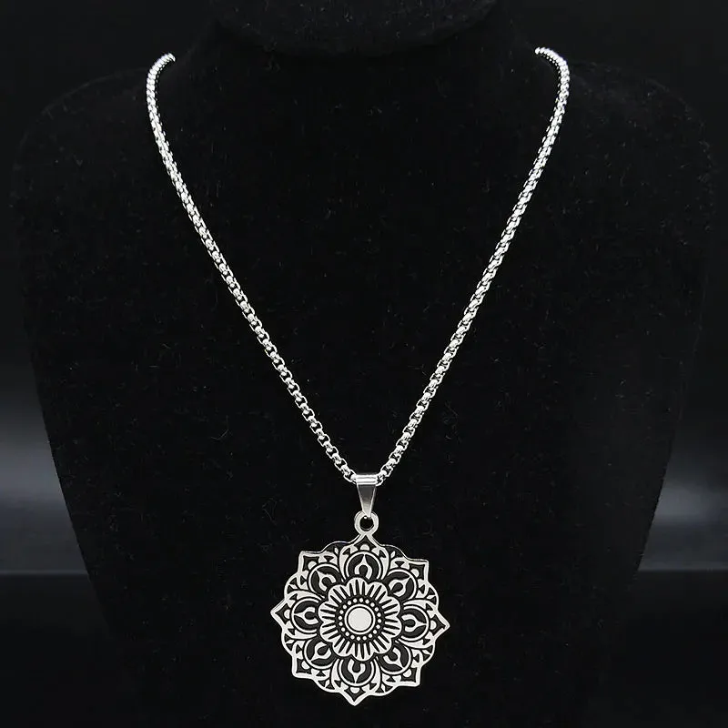 Mandala Lotus Flower Stainless Steel Chain Necklace for Women Silver Color Necklaces