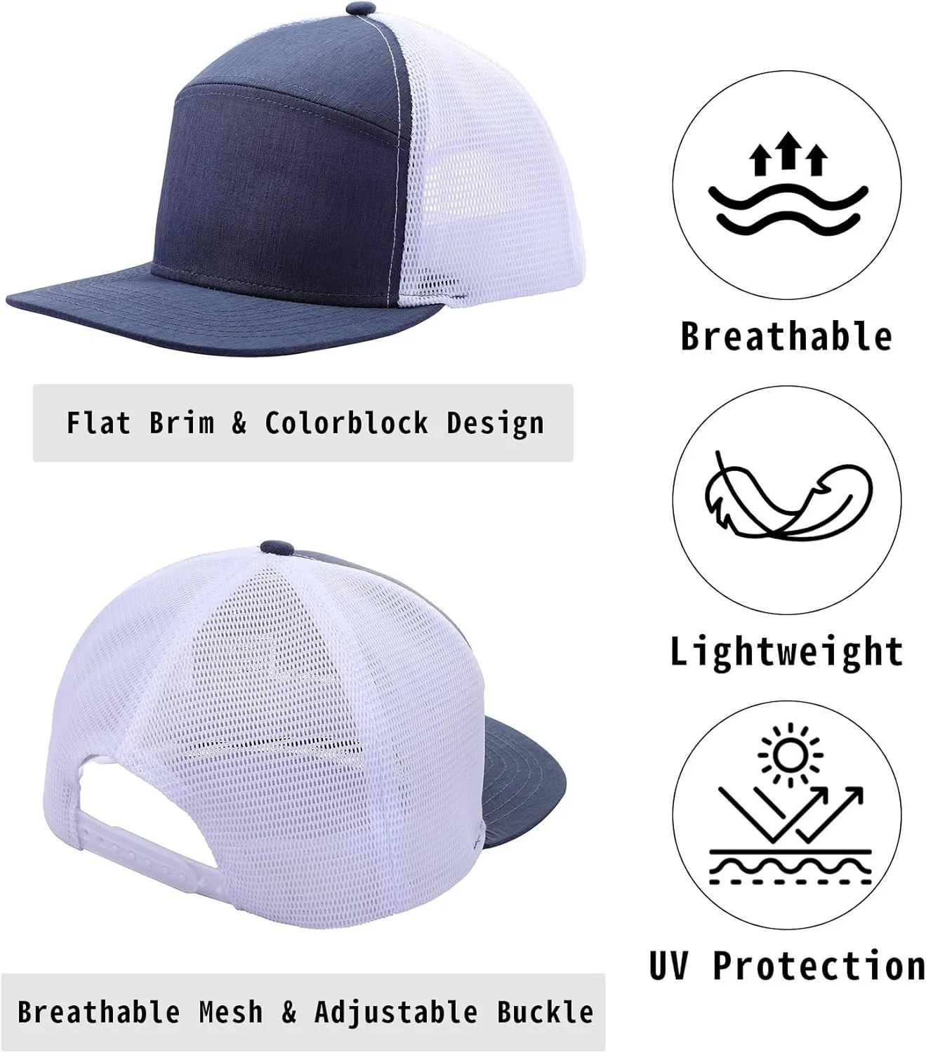 Men Flat Brim Adjustable Snapback Trucker Hat 6 Panel Camper Style Hat Blank Mesh Back Baseball Cap