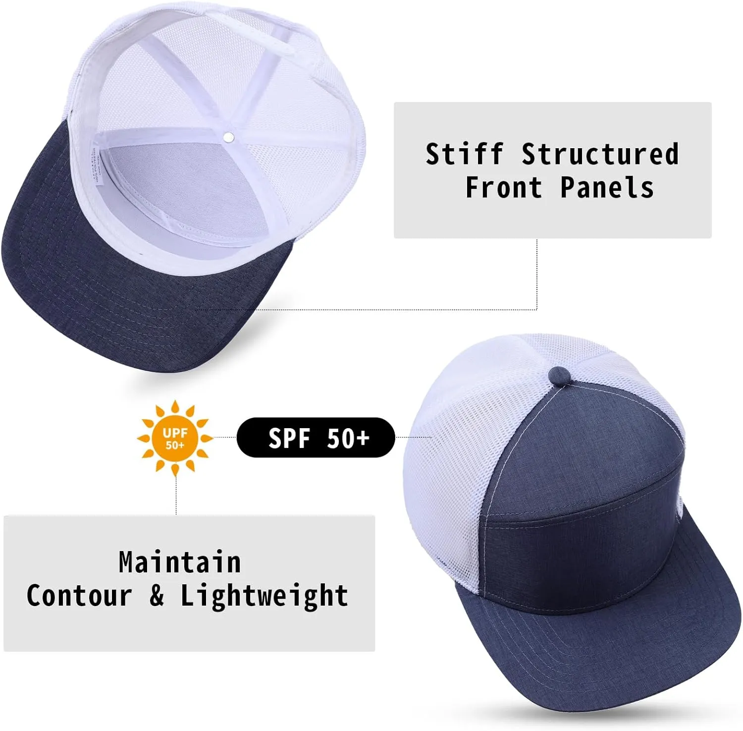 Men Flat Brim Adjustable Snapback Trucker Hat 6 Panel Camper Style Hat Blank Mesh Back Baseball Cap
