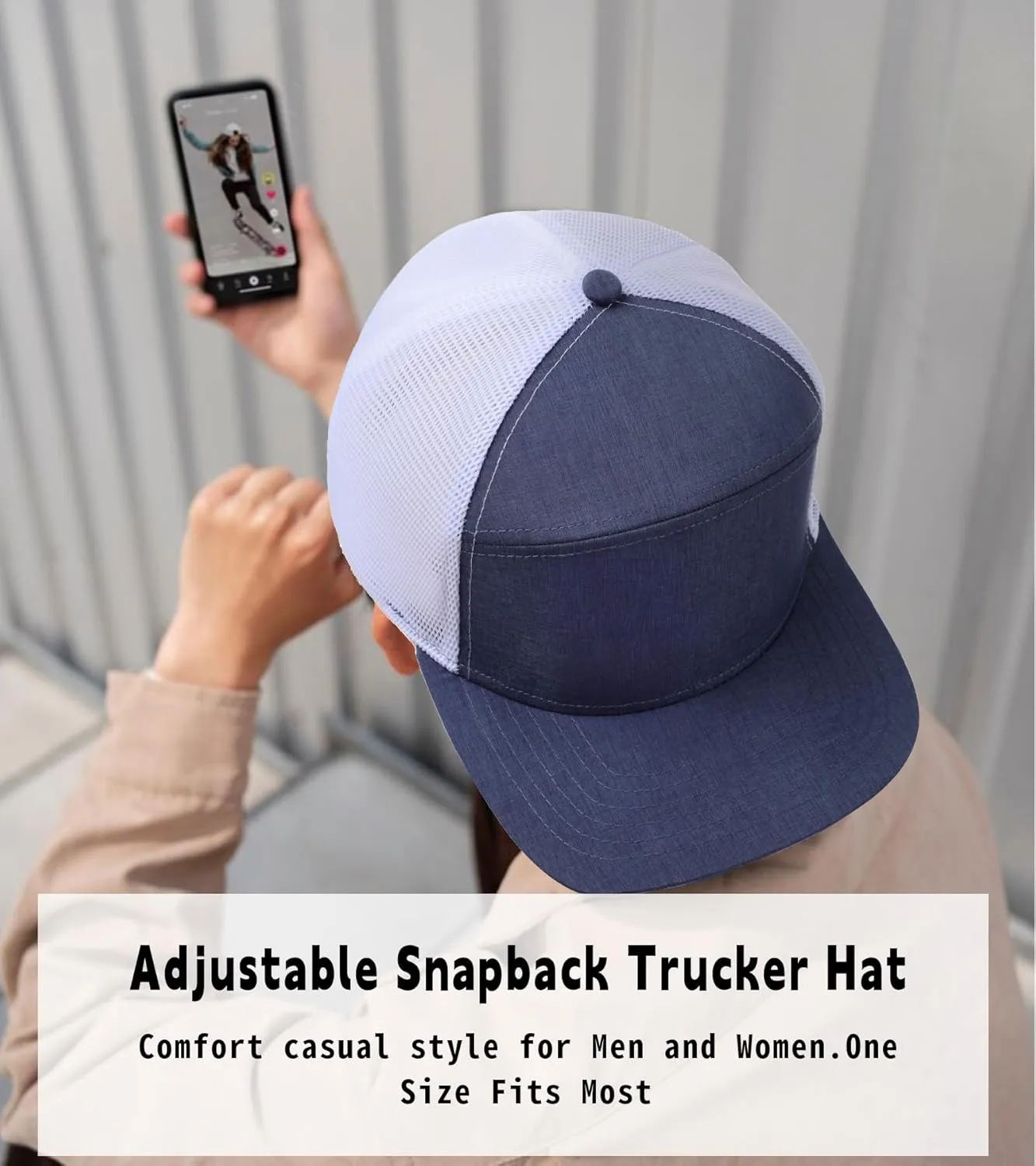 Men Flat Brim Adjustable Snapback Trucker Hat 6 Panel Camper Style Hat Blank Mesh Back Baseball Cap