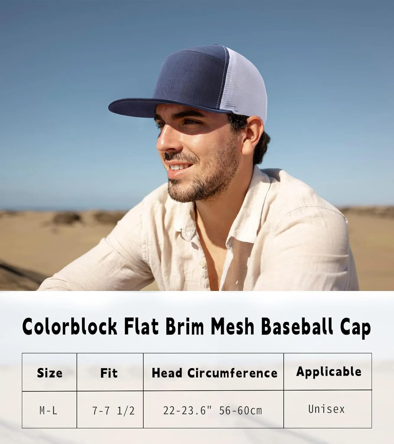 Men Flat Brim Adjustable Snapback Trucker Hat 6 Panel Camper Style Hat Blank Mesh Back Baseball Cap