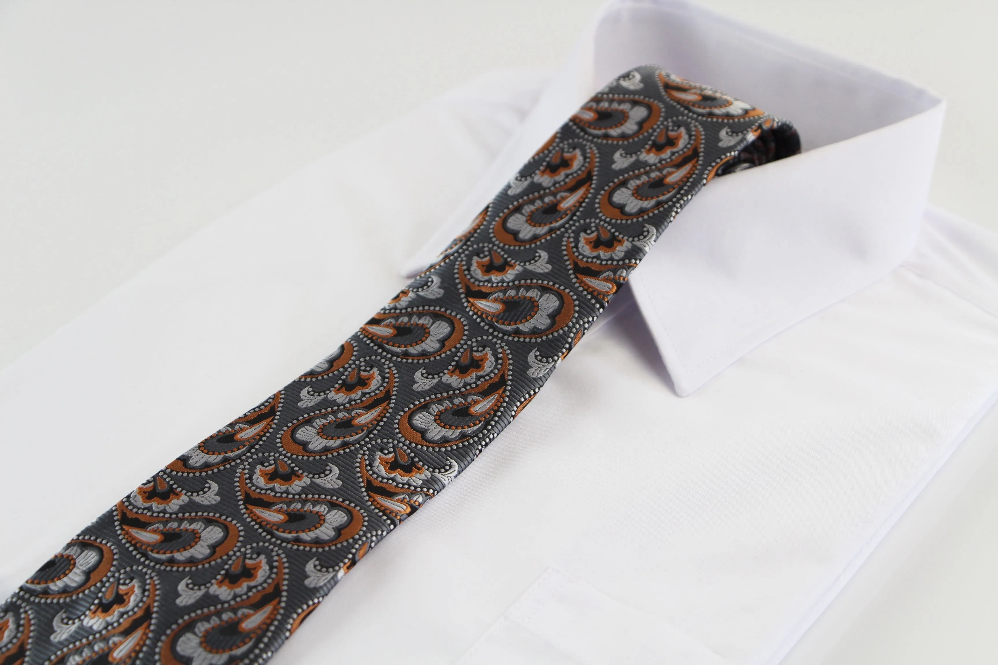 Mens Grey & Burnt Orange Boho Paisley Patterned 8cm Neck Tie
