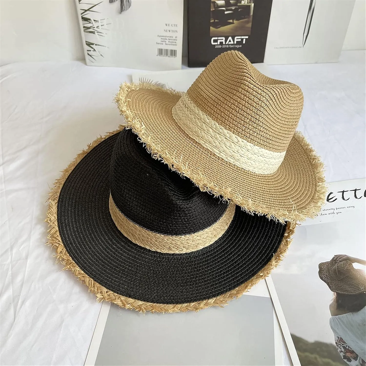 Panama Hat Sun Hats for Women Men, Wide Brim Straw Hat Summer Fedora Beach Cap UPF 50 