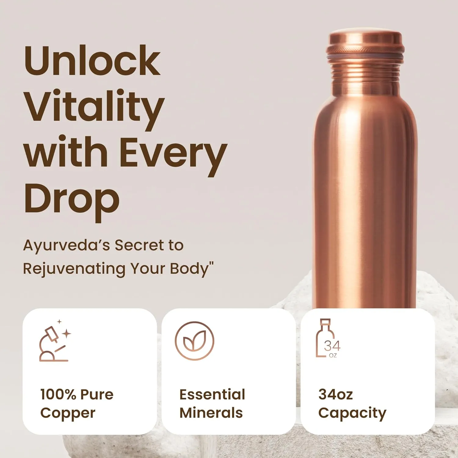 Pure Copper Water Bottle for Drinking Water, 34 Oz Smooth Finish  Stay Hydrated and Enjoy Ayurvedic Benefits  Leak-Proof, Temperature Retention, Eco-Friendly Design  Durable Copper Bottle