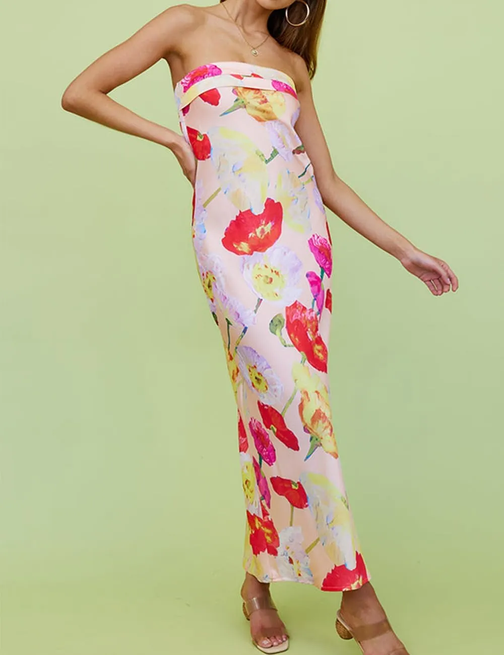 Realtix Satin Silk Backless Tube Tops Maxi Dress for Women Low Back Hollow Out Elegant Strapless Long Dresses Wedding Guest