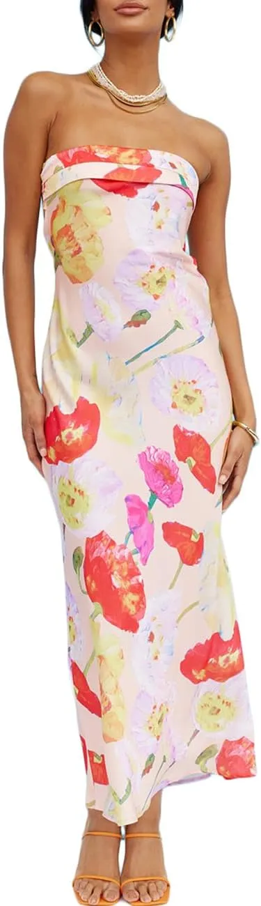 Realtix Satin Silk Backless Tube Tops Maxi Dress for Women Low Back Hollow Out Elegant Strapless Long Dresses Wedding Guest