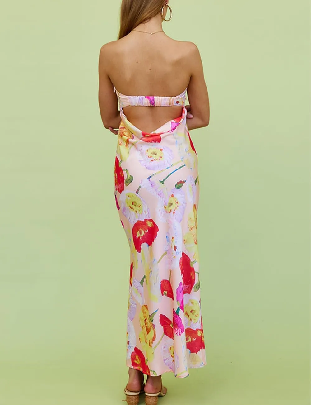 Realtix Satin Silk Backless Tube Tops Maxi Dress for Women Low Back Hollow Out Elegant Strapless Long Dresses Wedding Guest