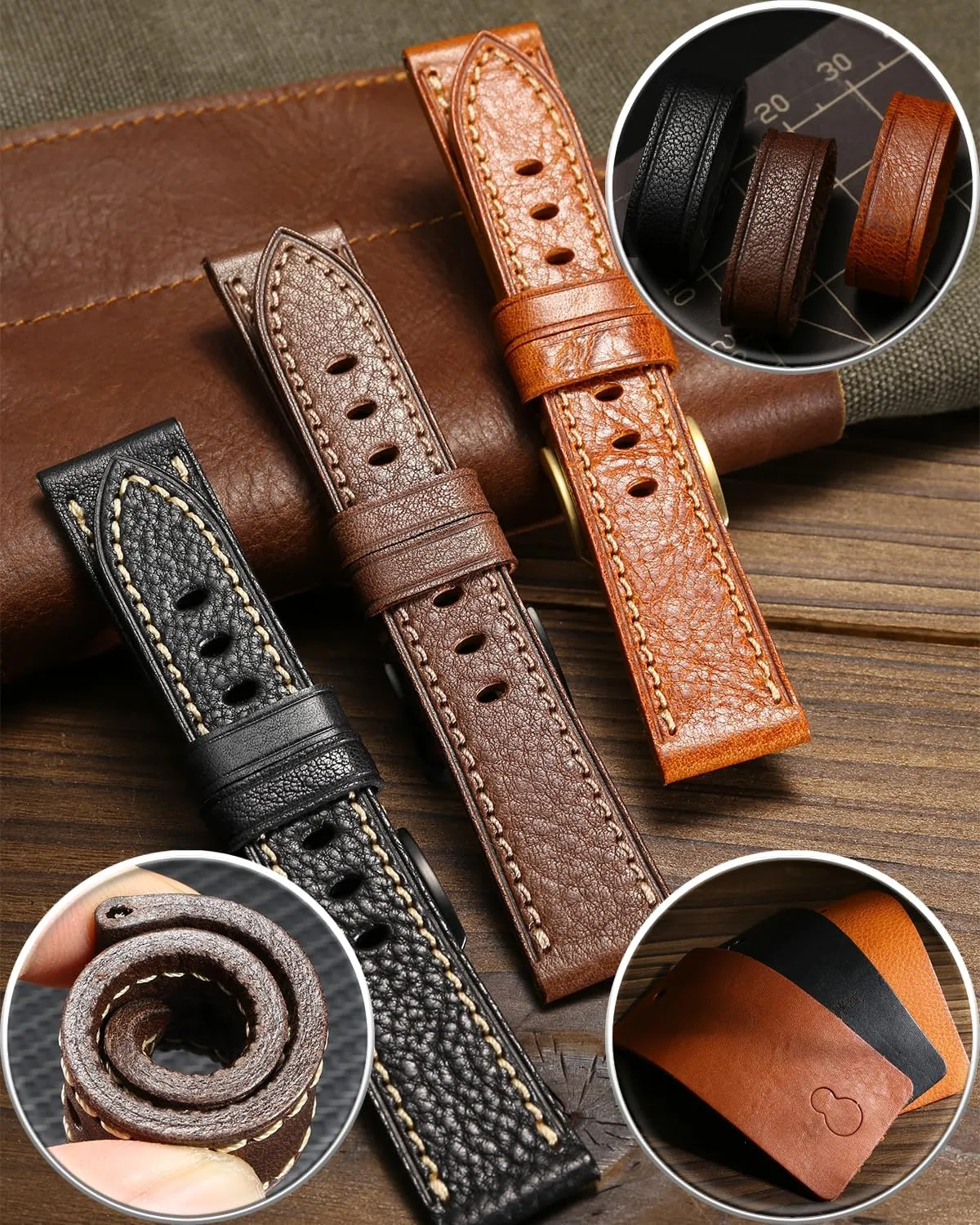 REZERO Leather Watch Bands, Handmade Watch Straps, Italian Top Grain Soft Leather Watch Bands Replacement, Vegetable-Tanned & Oil-Waxed Watch Bracelets 18/19/20/21/22/23/24/26mm for Men, Women