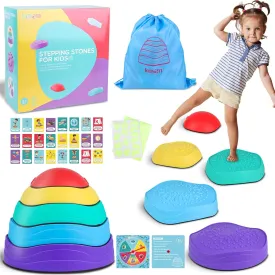 Stepping Stones for Kids, 5Pcs Toddler Obstacle Balance Stones with Color Turntable & 24 Game Card,Sensory Coordination Skills Indoor or Outdoor Play Equipment for Kids Aged 3 4 5 6 7 8 Years