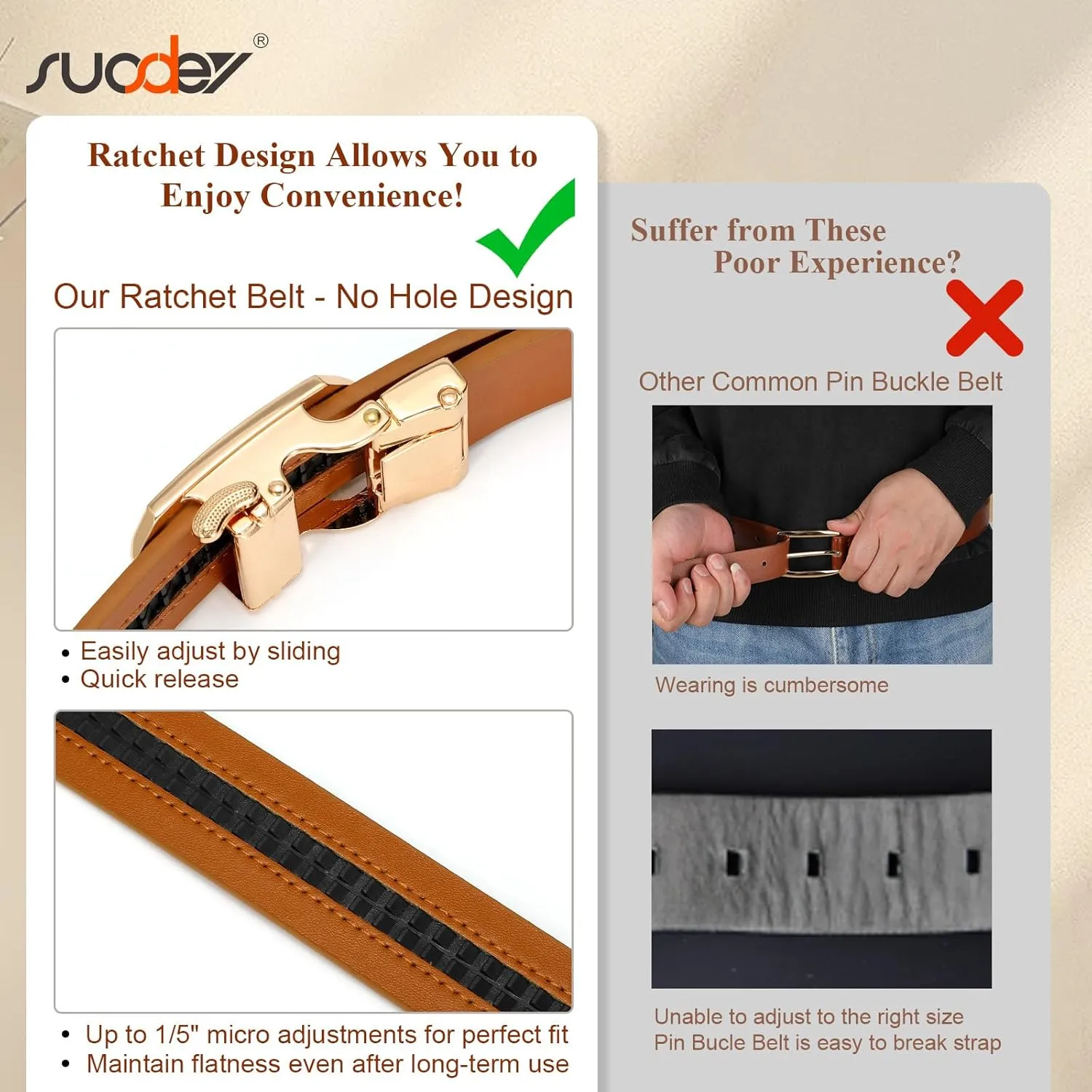 SUOSDEY Women Leather Ratchet Belt for Jeans Pants with Automatic Sliding Buckle, Adjustable Belt for Ladies, Width 1.2"