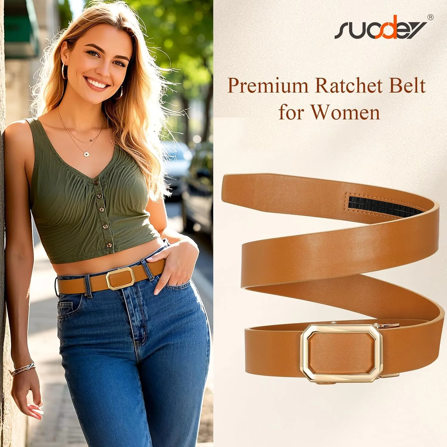 SUOSDEY Women Leather Ratchet Belt for Jeans Pants with Automatic Sliding Buckle, Adjustable Belt for Ladies, Width 1.2"