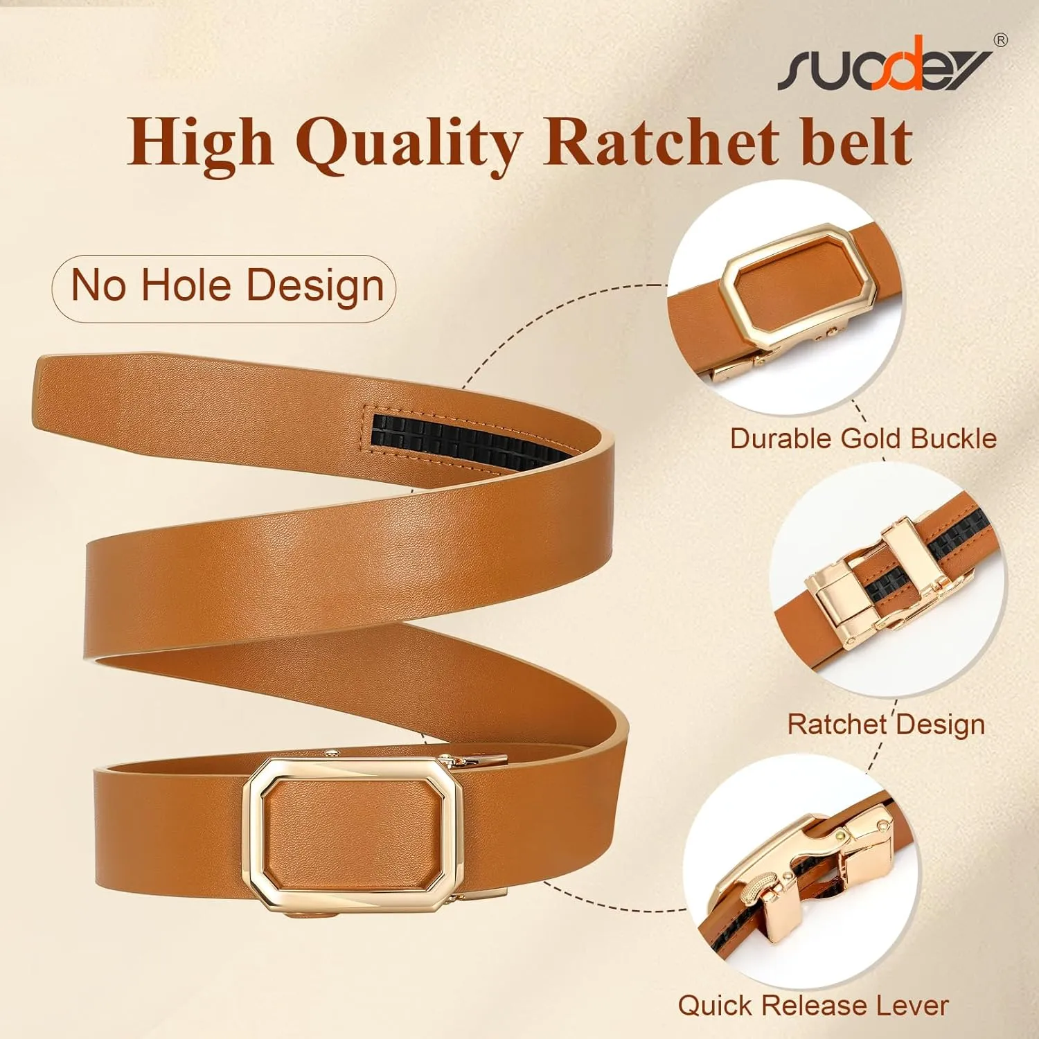 SUOSDEY Women Leather Ratchet Belt for Jeans Pants with Automatic Sliding Buckle, Adjustable Belt for Ladies, Width 1.2"
