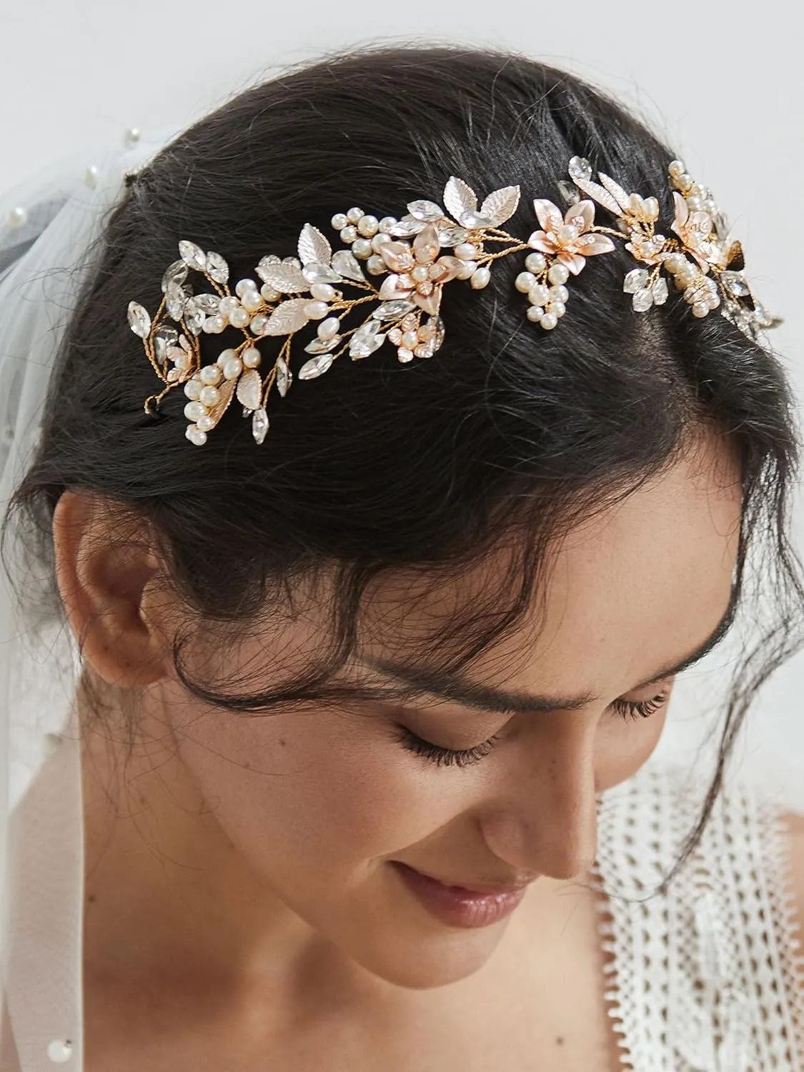 SWEETV Handmade Rhinestone Wedding Headband Flower-Leaf Bridal Headpieces for Wedding Pearl Hair Accessories (Gold)