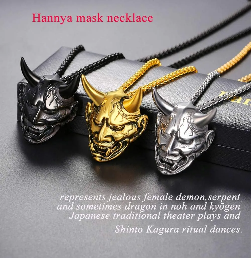 U7 Hannya Mask Necklace, Mens Gothic Punk Pendant, Stainless Steel Silver Black Personalized Evil Demon Horn Jewelry Oni Necklaces with 22 Inch Chain