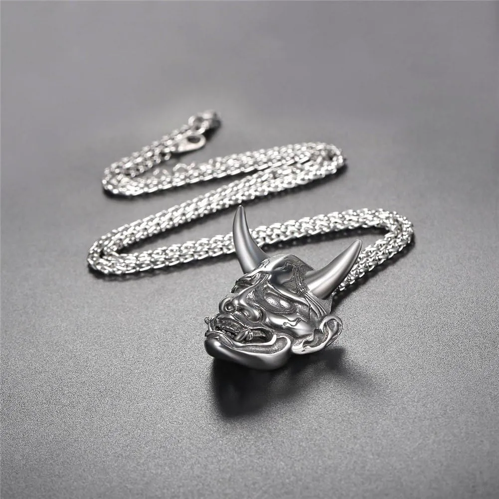 U7 Hannya Mask Necklace, Mens Gothic Punk Pendant, Stainless Steel Silver Black Personalized Evil Demon Horn Jewelry Oni Necklaces with 22 Inch Chain