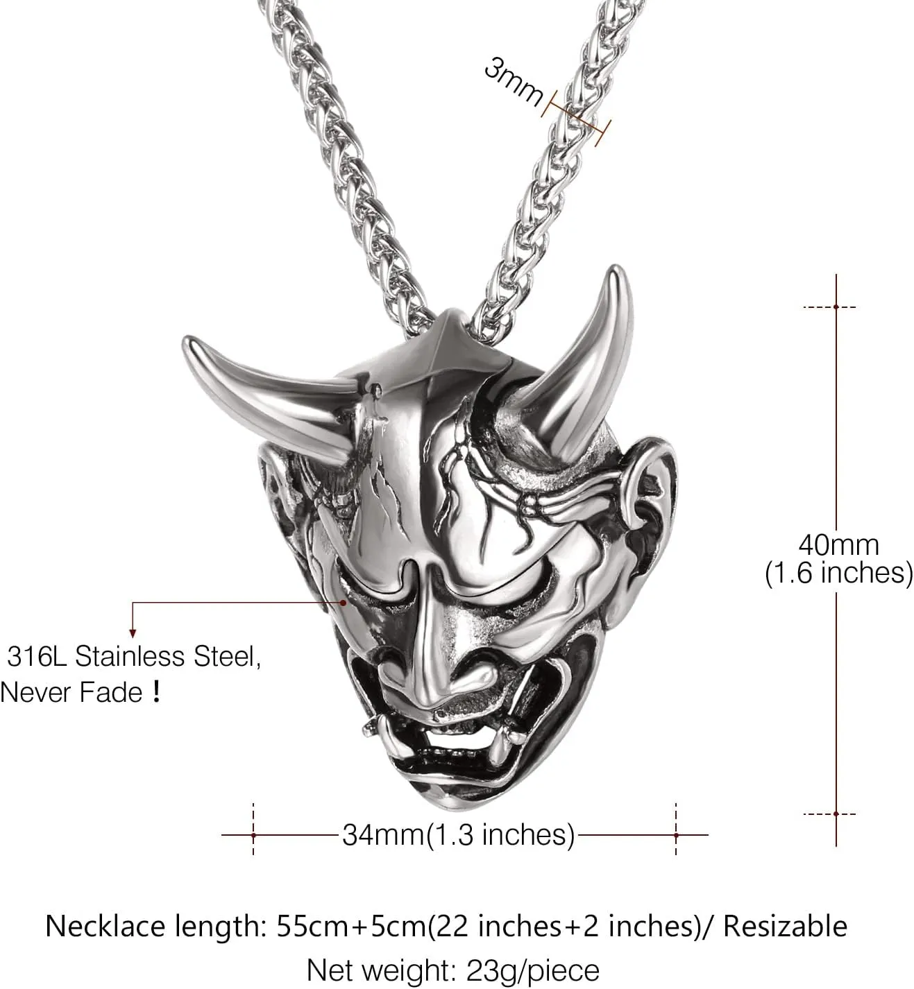 U7 Hannya Mask Necklace, Mens Gothic Punk Pendant, Stainless Steel Silver Black Personalized Evil Demon Horn Jewelry Oni Necklaces with 22 Inch Chain
